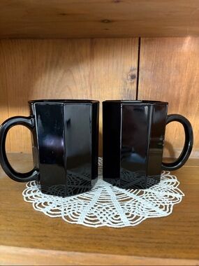 Vintage Arcoroc Octime Black Glass Coffee Cups Mugs Set Of 2